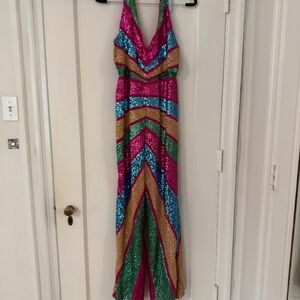 Nasty Girl Sequin Colorblock Plunge Wide Leg Jumpsuit - NWT 8